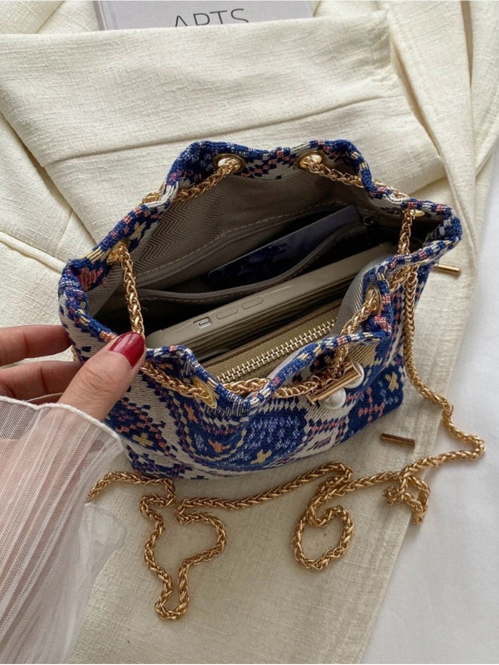 Woven Boho Drawstring Bucket Bag - Navy Pattern - Picture 7 of 7